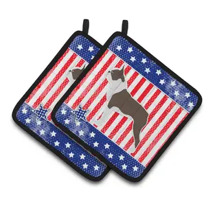 212 MAIN Colorful Fabric Polyester USA Patriotic Boston Terrier Pot Holders - 2-Piece, Thick, 7.5x3 in, Hanging Kitchen Pot Holders
