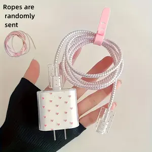 5-Piece Transparent Heart Charging Head Set, Data Line Protector Covers, Storage Rope & Winder, Shockproof Phone Case for iPhone 15/16 Series