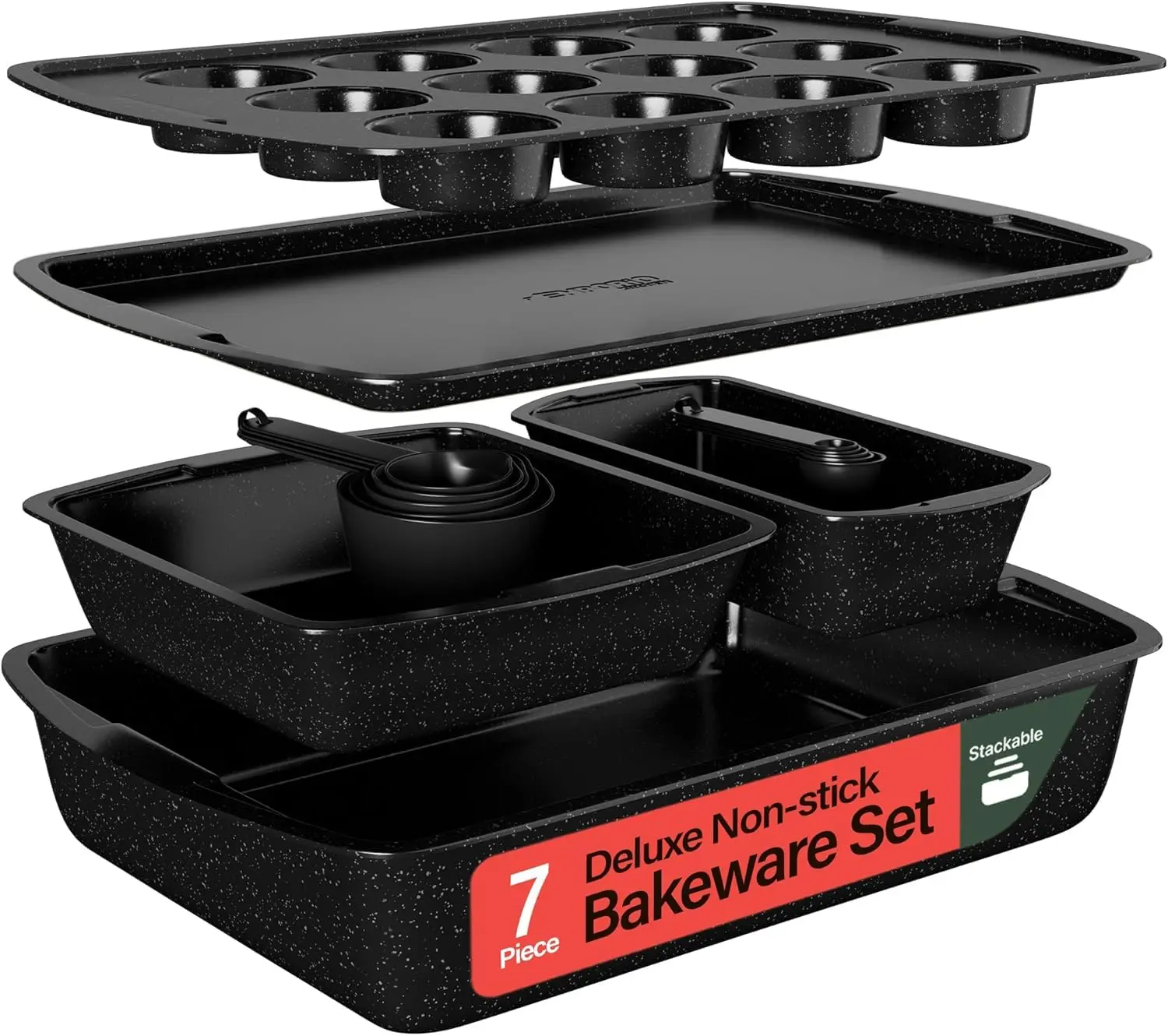 Stackable Baking Pan Set - Deluxe Nonstick White Marble Coating, Carbon Steel Bakeware Sets, PFOA, PFOS, PTFE Free, Recipe Booklet Included, Oven Safe (Up to 450°F), Set of 7