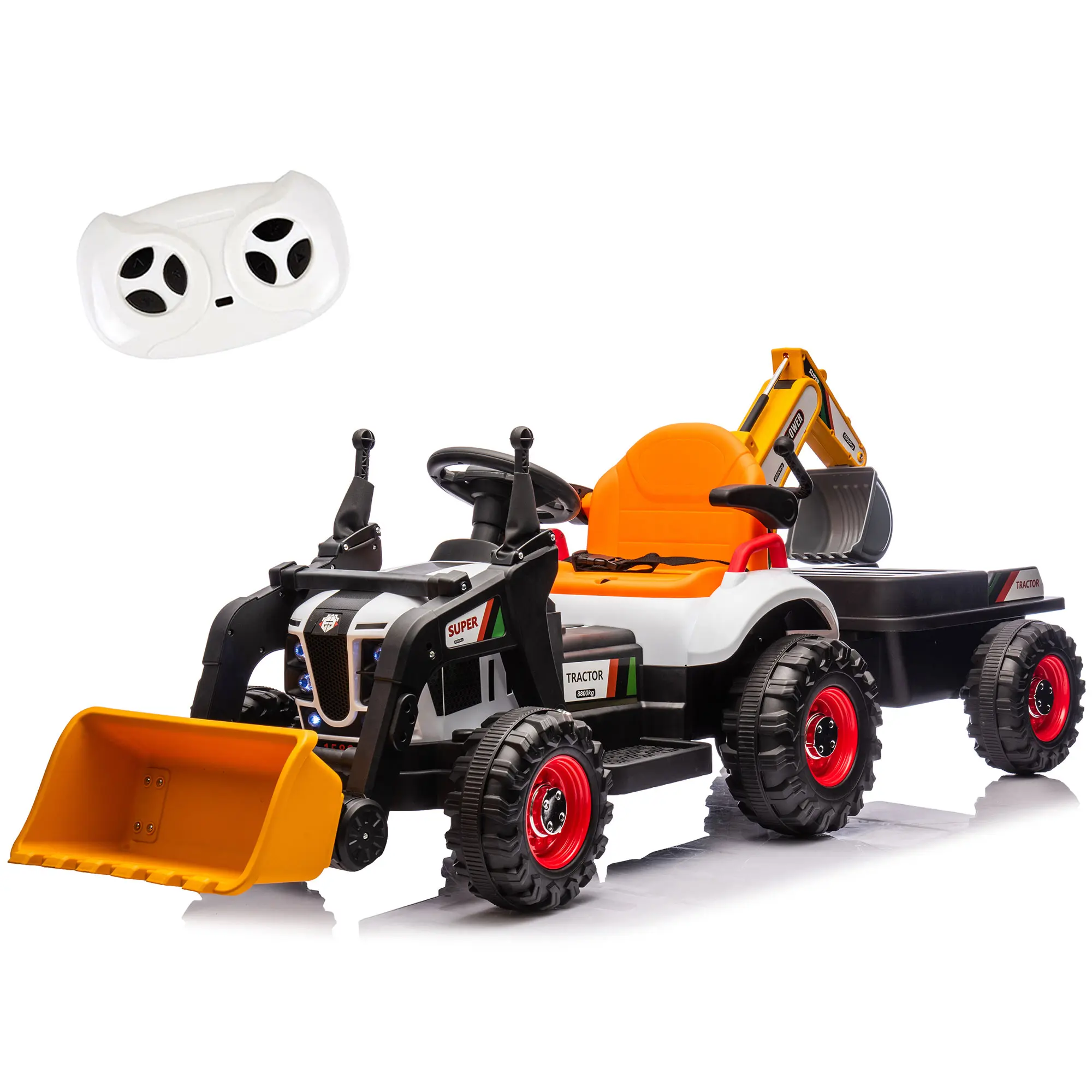 24V Kids Ride-On Electric Tractor Toy for Ages 2-4, Kids Outdoor Play, 4-in-1 Construction Attachments (Excavator, Dump Truck, Bulldozer), Parent Remote Control, 3-Speed Adjustable, Built-in Music Player, Bluetooth Speakers, LED Tail-Lights, Polypropylene