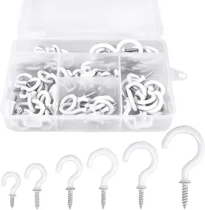 90 Pcs White Ceiling Hooks kit, 6 Sizes Vinyl Coated Screw-in Plant, Kitchen, Cup, Ceiling Hooks for Hanging (1/2in, 5/8in,3/4in,7/8in,1'',1-1/4in)