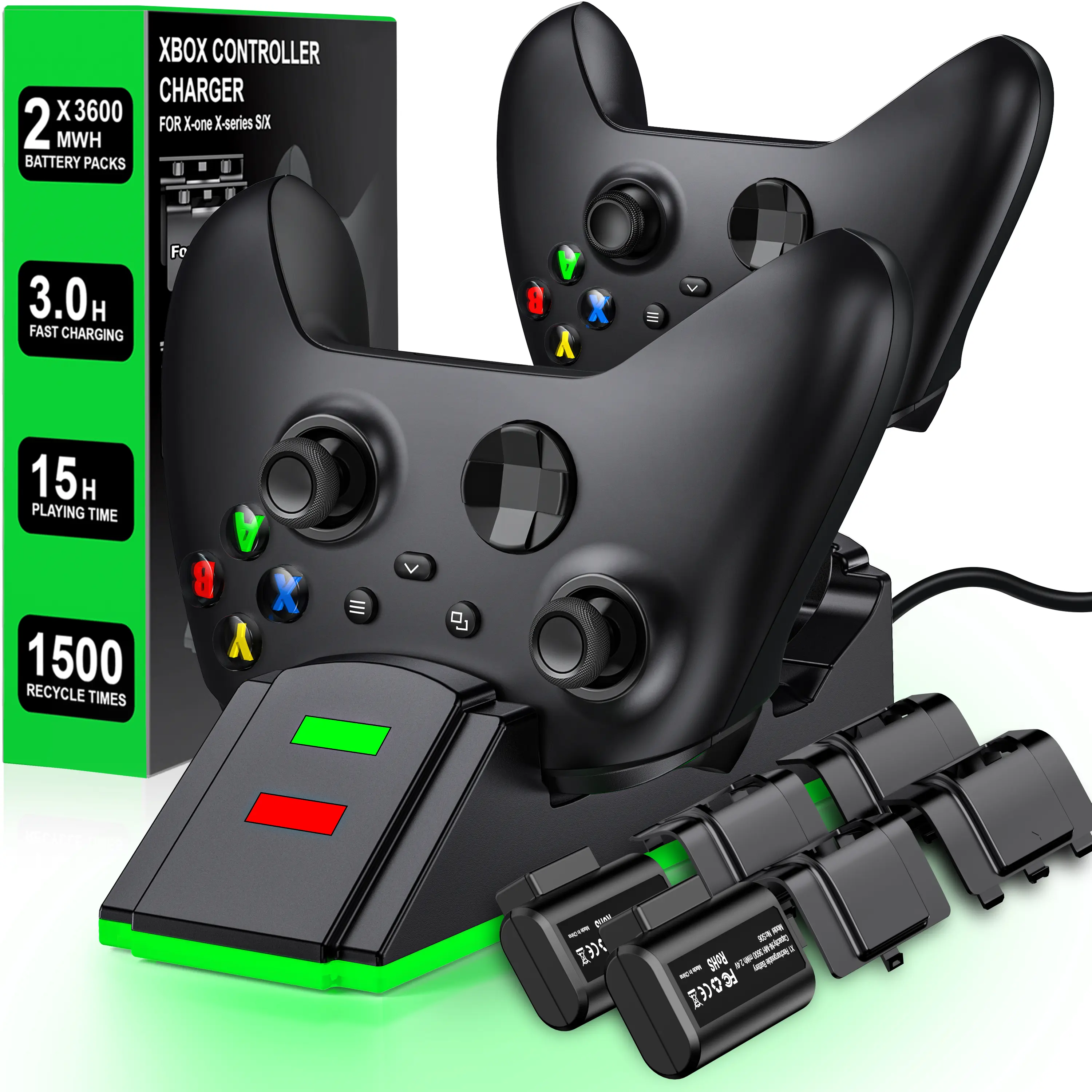 Xbox Rechargeable Battery Pack with 2x3600mWh Batteries and Xbox Controller Charger, Console Accessories