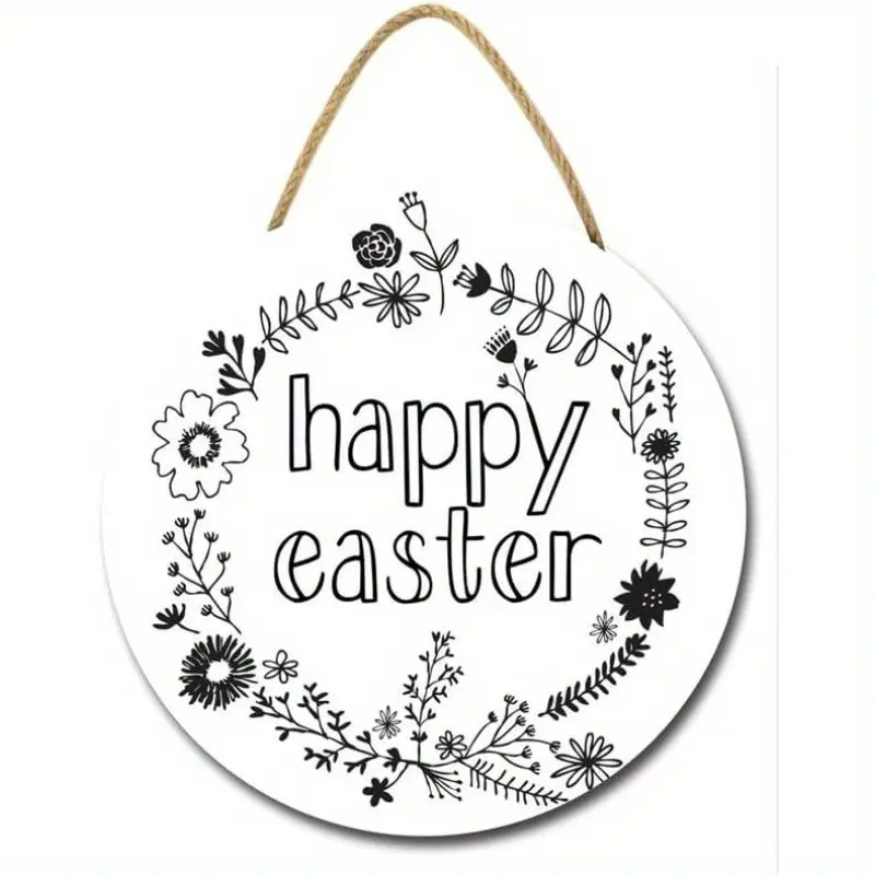 Vintage Happy Easter Bunny Sign, Farmhouse Style Round Wooden Plaque with Floral Pattern, 12x12 Inch Natural Wood Indoor Outdoor Decor