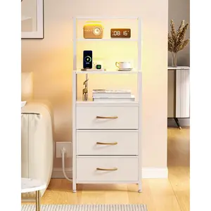 Night Stand, White Bedside Nightstand with 4-Tier Shelves and 3 Fabric Drawers, LED Bed Side Tables with  Station, Tall Dresser for Bedroom, Hallway, Office