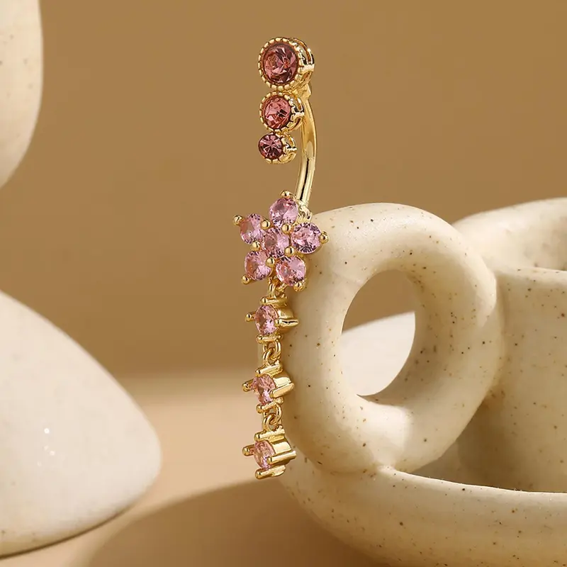 Flower Design Belly Button Ring, Elegant Rhinestone Decor Belly Piercing Jewelry for Women, Chic Body Jewelry, Fashion Accessories for Party, Daily Clothing Decor