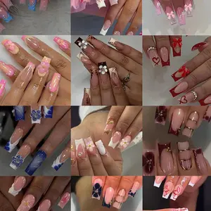 288pcs French Press-On Nails, Heart Bougainvillea Design, 3D Gel Flowers, Water Waves, Butterfly Knots, Rhinestones, Pearls, Metal Edges