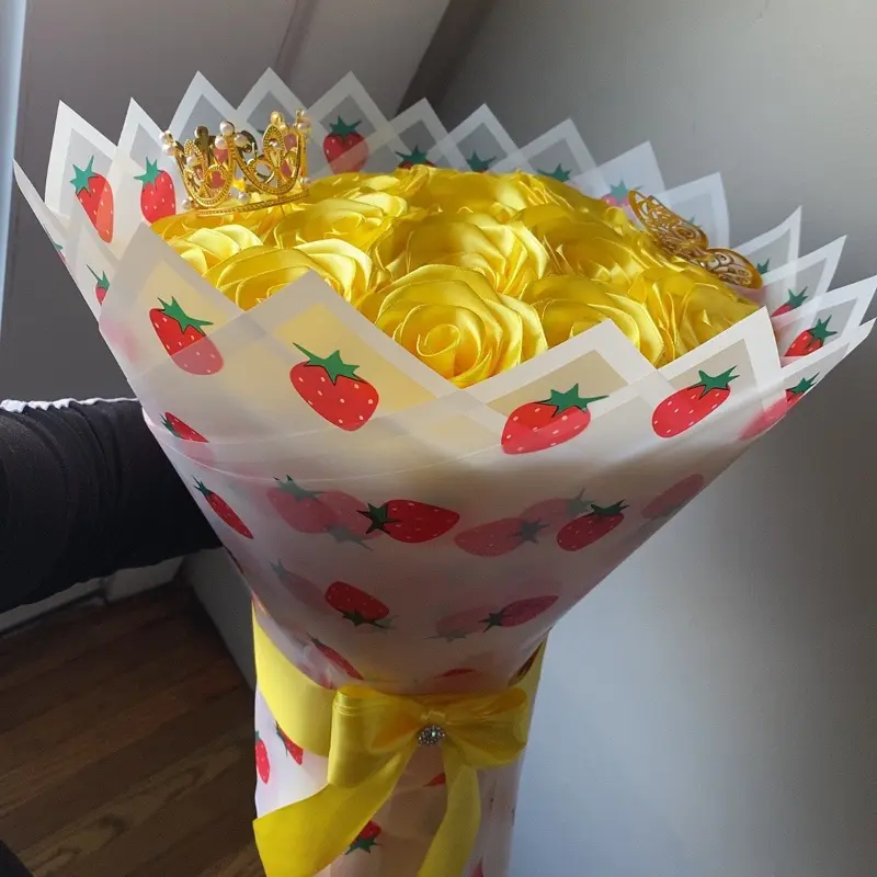 Strawberry-Themed Artificial Flower Bouquet with Regal Decorative Crown, Yellow Ribbon Bow Adds Contrast - Floral Decor Gift for Mom, Ideal for Anniversary, Wedding, Regal Touch