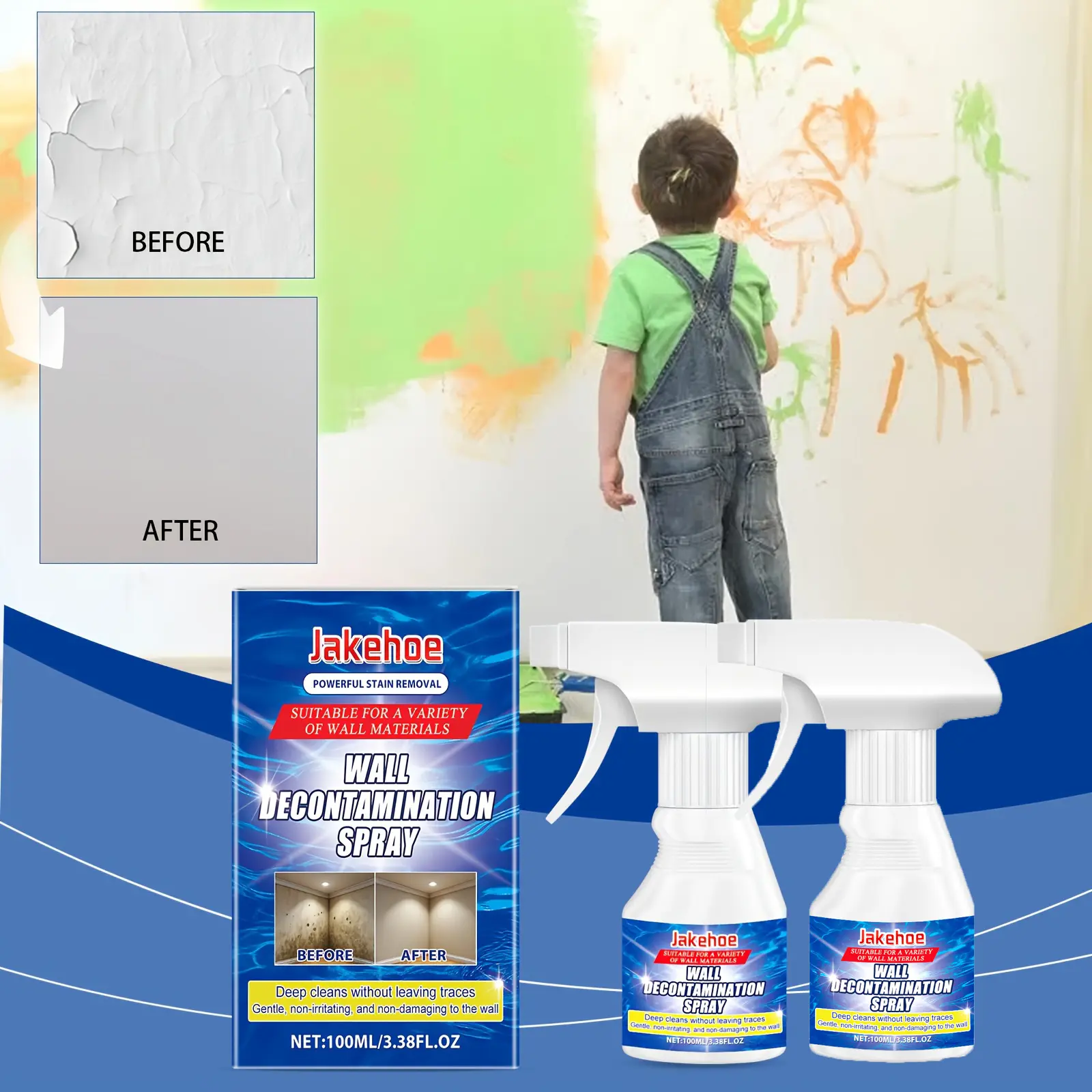 2pcs Jakehoe Instant Wall Stain Remover Spray - Powerful Formula with Coconut Oil, No Residue, Safe for & Pets, Restores White/Glossy Surfaces, Penetrates Deep to Remove Stubborn Stains from Walls, Bathtubs, Countertops
