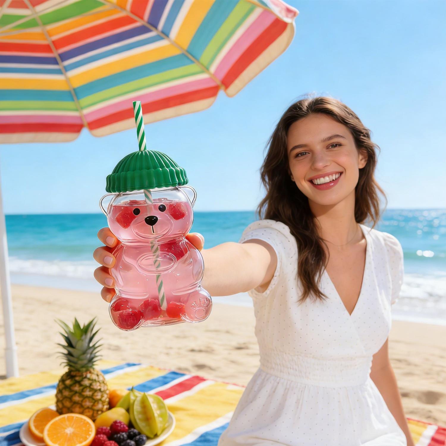 20oz Cute Bear Glass Coffee Mug with Lid & Straw, Aesthetic Mood Boost Iced Coffee Cup, Viral Clear Drinkware for Juice, Smoothie & Milk, Leak-Proof Summer Gift for Women