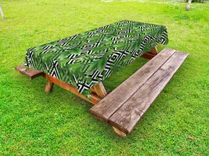 Banana Leaf Outdoor Tablecloth, Coconut Palm Tree on Modern Abstract Backdrop Rainforest Design, Decorative Washable Picnic Table Cloth, 58" X 84", Black White Hunter Green