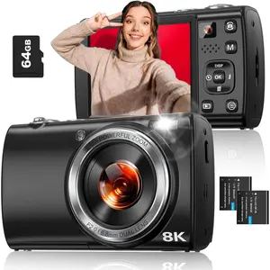 8K Digital Camera for Photography, 88MP WiFi Vlogging Camera for YouTube with Front Rear Lens, Autofocus, 16X Zoom, Compact Travel Cameras with Flash,  Screen, 64GB Card, 2 (Black)