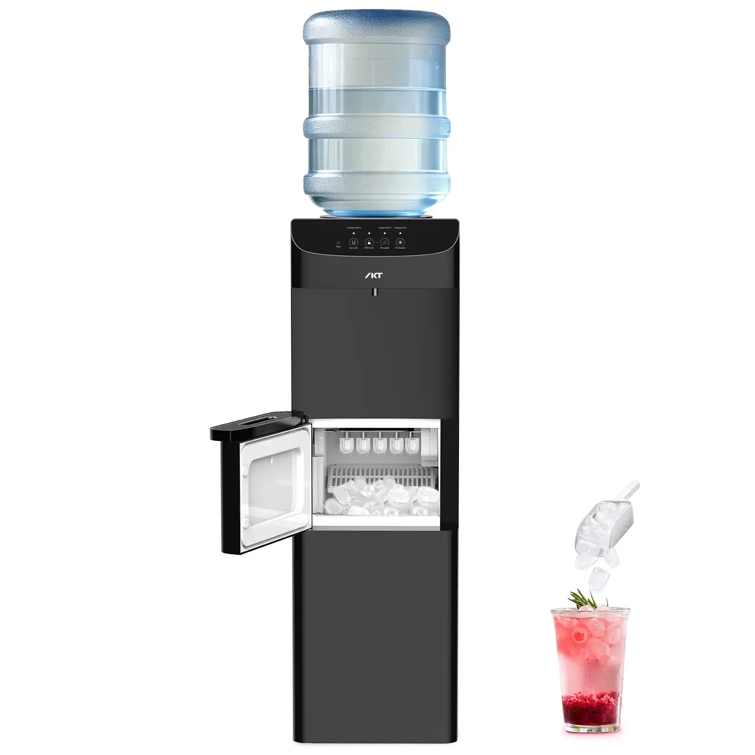 IKT Freestanding 3-in-1 Top Load Water Dispenser with Ice Maker - 22 lbs Ice/24H, 3-5 Gal Bottle Compatibility, Child Lock, Cold & Hot Water, Fast Heating, 115V, Safe Easy Operation, Black - for Family Home/All Ages