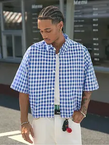 Men's Vintage Classic Checked Plaid Gingham Checkered Short Sleeve Fitted Shirt, Mandarin Collar Button Design Tops, Summer Casual Fashion, Trendy Street Style, Outdoor Wear