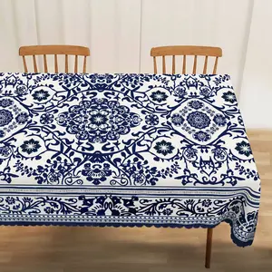 Blue and White Floral Tablecloth - Classic Elegant Floral Pattern, Modern Minimalist Style, Home Dining Table Decor, Multiple Size Options (Rectangular, Round, Oval), Multi-functional Home Decor for Dining Tables, Coffee Tables, and Tea Tables