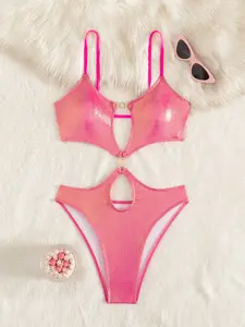 Women's Sexy One-Piece Swimsuit, Cutout Bathing Suits, Plain Design, Fitted Style, All-Season Wear, Perfect for Beach & Pool, Trendy Swimwear