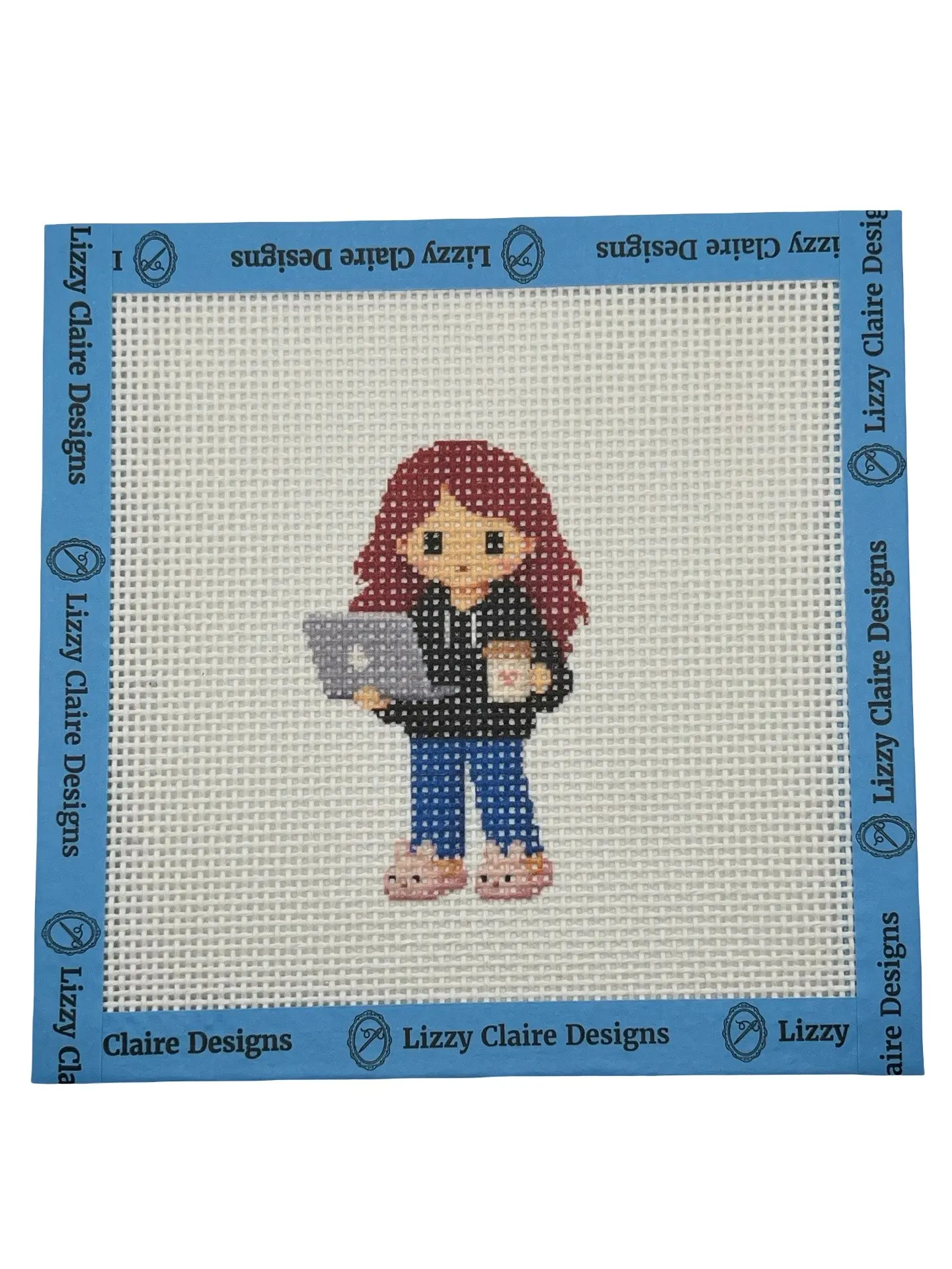 Lizzy Claire with Laptop & Slippers - 13 mesh - 6 x 6 - Needlepoint Canvas