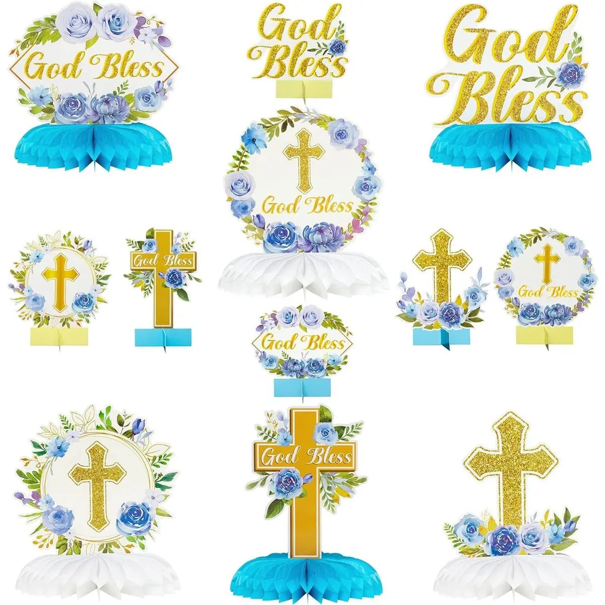 12Pcs Shiny Blue Floral Honeycomb Table Centerpieces - Sticker-Included Festive Decoration, Party Decoration, Backdrop Style Ornament for Baptism, Baby Boys' Christian Theme Parties, Religious