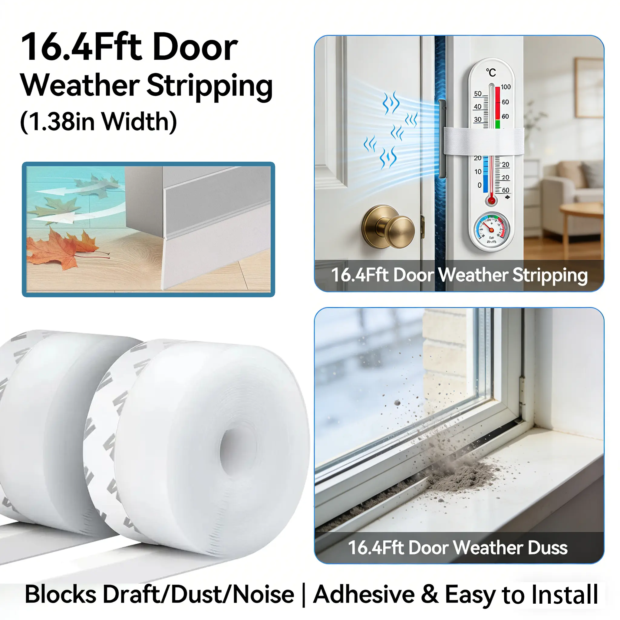 16.4Ft Door Weather Stripping (1.38in Width) - Adhesive Draft Stopper Seal Strip, Anti-Draft Insulation Tape for Doors, Windows, Shower Doors | Blocks Cold/Hot Air, Dust, Noise, Bugs | Energy Saving