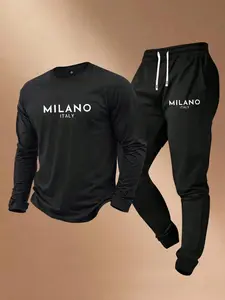 MILANO ITALY Graphic 2-Piece Loungewear Set, Soft Lounge Sets, Soft Breathable Fabric, Matching Tracksuit, Casual Daily/Streetwear Outfit, Comfy Long Sleeve Top + Jogger Pants, Minimalist Print, Men’s Ensemble, Viral TikTok Aesthetic, Must-Have