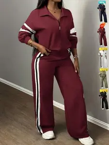 Women'S Zipper Jacket & Striped Wide-Leg Pants Set, Streetwear & Casual, Two-Piece Suit for Daily Wear