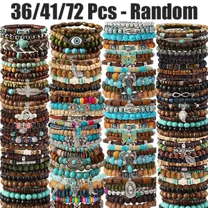 Random 36/41/72 Pcs Vintage Bohemian Style Beaded Bracelets Set - Handmade with Elastic String, Coconut Shell & Wooden Beads, Stylish Women's Retro Jewelry, Perfect for Daily Wear & Holiday Gifting