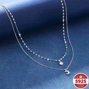 S925 Sterling Silver Layered Starmoon Necklace - Delicate Chain For Women And Girls, Perfect For Layered, Everyday Wear, And Gift Giving - Hypoallergenic, Nickel Free, And Color-resistant Jewelry. initial  necklace