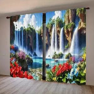 2 Piece Printed Curtains, Waterfall Floral Landscape Pattern, Rod Pocket Design, Easy to Hang, Semi-Transparent Privacy Curtains, Home Decoration Curtain