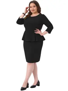 Agnes Orinda Women's Plus Size Peplum Pencil Dress 3/4 Sleeve Flared Sheath Dress Stretchy Office Business Work Dresses Black