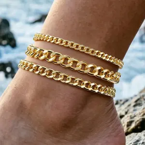 3PCS Gold Ankle Bracelets for Women 14K Gold Plated Cuban Link Anklet Set Minimalist Layering Foot Chains for Summer Beach, Adjustable Daily Wear Anklets