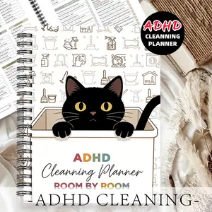 1pc ADHD Cleaning Planner Themed Subject Notebook, Zoned Cleaning Style - Black Cat Lying on A Bucket and Simple Tool Doodle Patterns. Zonal Cleaning Notebook. Whole House Cleaning Planning, Organized Arrangement. 5.5x8.3 Inch Notebook