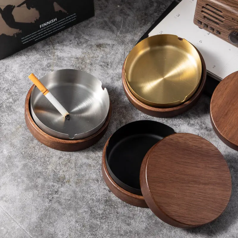 Cigar Ashtray, Wooden Ashtray, Square Ashtray 3 Slots Cigar Holder for Indoor Outdoor Patio Home Office, Personalized Cigar Gifts for Men Lighter Set Decor Black Liner