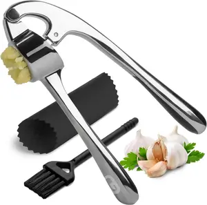 Garlic Press Crusher & Mincer – Easy Squeeze Ergonomic Handle, Heavy Duty Zinc Alloy, Dishwasher Safe, Includes Peeler & Cleaning Brush – Garlic Ginger Crusher Tool (Imperial Silver)