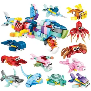 12 in 1 Marine Animal Building Blocks - Underwater World Building Set - Sharks, Octopuses, Crabs, STEM Educational Toys, Creative Assembly Building Blocks Toys, Children's Birthday Gifts, Suitable for Boys and Girls, Building Block Sets