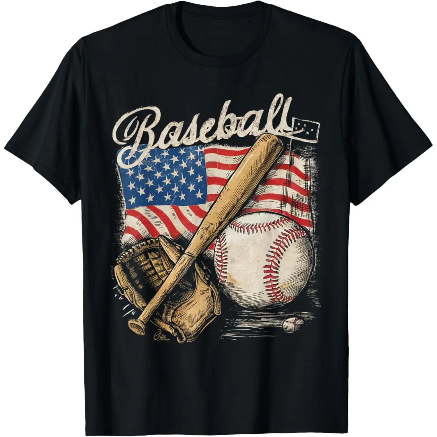 American Flag Baseball Player Bat Fan Catcher Pitcher USA Casual Short Sleeve Cotton T-Shirt