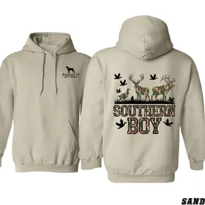 [graphic hoodies]Straight Up Southern Boy Hoodie – Camo Deer, Hunting Dog & Flying Birds – Cozy Outdoor Pullover, Unisex Streetwear for Fall, Winter & Hunting Trips