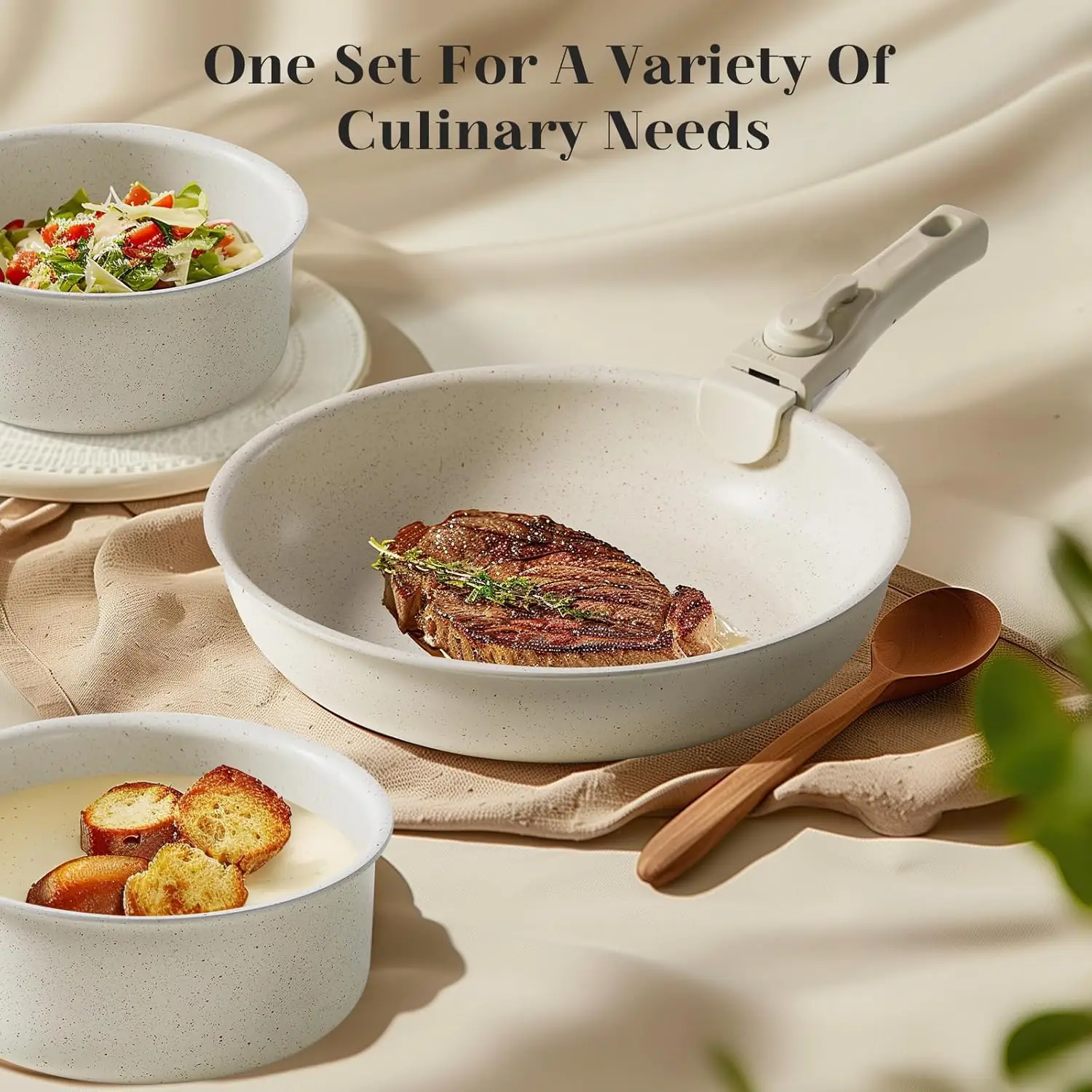 12-Piece Detachable Handle Pots and Pans Set,Ceramic Nonstick Cookware Set, Oven Safe, Cream…