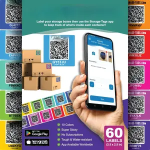 QR Code Storage Tags (Multicolored) -  Stickers -  Labels for Totes - Scan Storage Bins & Containers - Moving House - Track Inventory - Android and iOS App - Pack of 60