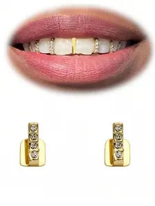 Gold Teeth Grillz Jewelry For Women Men Tooth Cap CZ Teeth Jewelry Accessories Hip Hop Outfits Costume Halloween Party Tooth Gems