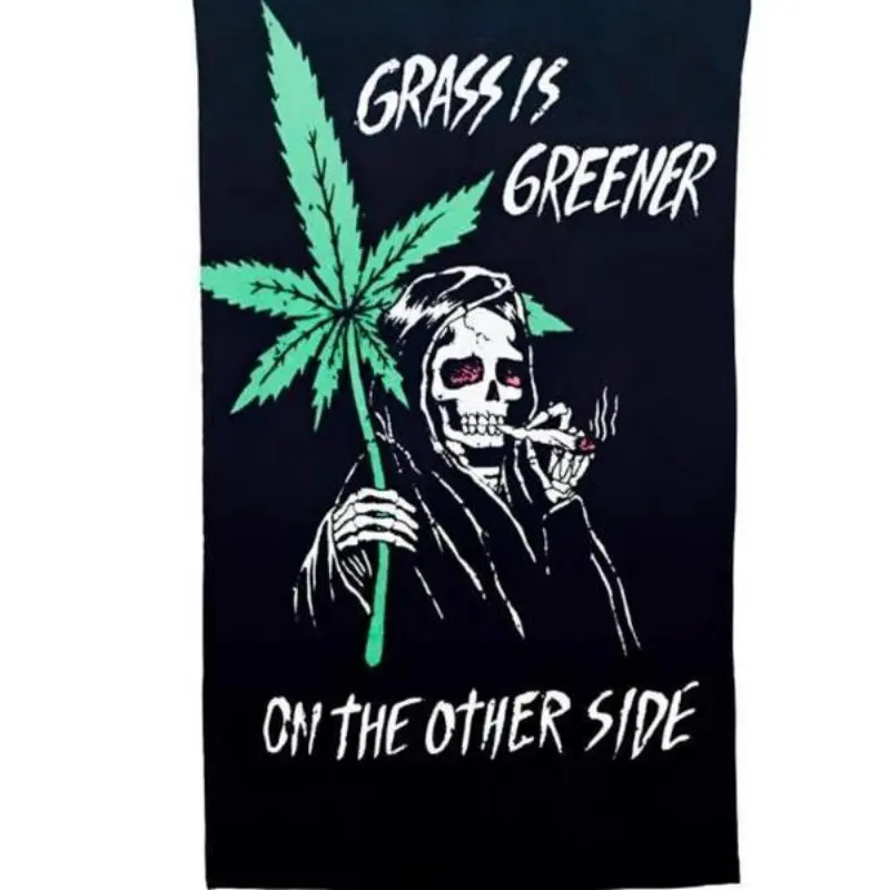 Reefer Reaper 3x5ft High-Quality Linen Cotton-Polyester Rectangular Vintage Marijuana Tapestry - Full Print 90s Retro Trippy Skeleton Decor Tapestries, Grunge Weed Artwork for Men's Man Cave Home Decor Supplies