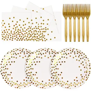 75PCS Paper Plates and Napkins Set - White and Gold Dot Disposable Party Dinnerware Includes Paper Plates, Napkins, Forks Decorations for 2026 New Year, Birthday, Wedding and Holiday, Serves 25