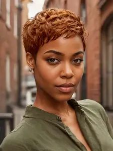 Women's Pixie Cut Wig Glueless Human Hair Short Layered Design No Lace Front Casual Style Full Machine-Made Synthetic Fiber