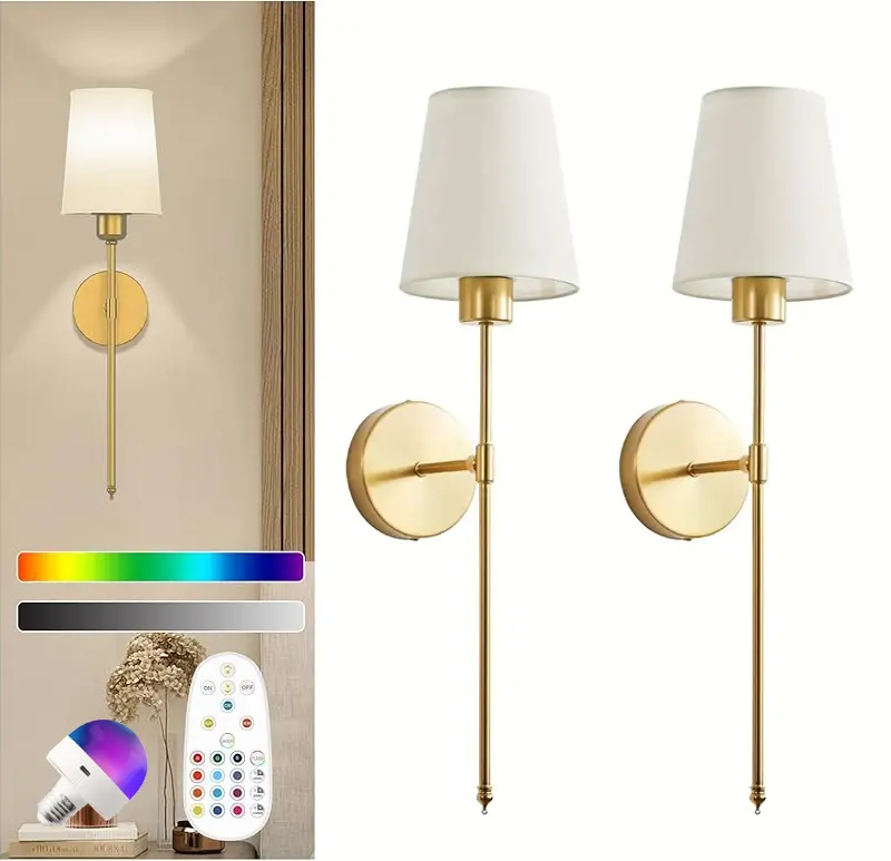 2-Pack Wireless Rechargeable LED Wall Sconces - Battery-Operated, Dimmable RGB Color Changing Lights with Remote, Ambient Lighting Multifunctional Home Decor for Aesthetic Room, House Decor