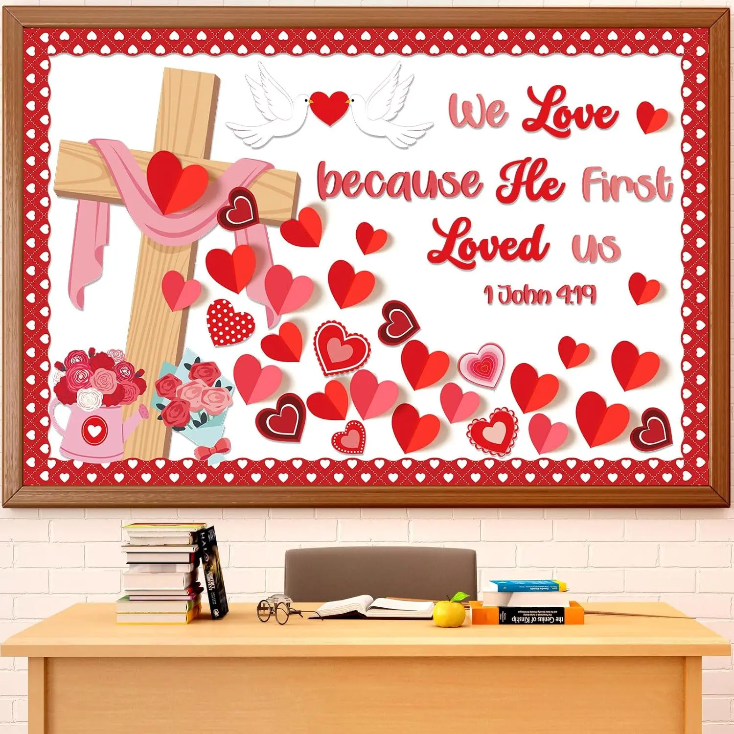 Valentine's Day Christian Bulletin Board Valentines Day Cross 3D Heart Classroom Decorations We Love Because He First Loved Us Religious Bulletin Board for Sunday School Classroom Wall Decor