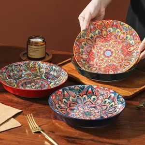 Boho Style Floral Pattern Bowl & Plate Set, Ceramic Dish Set, 4 Counts/set Including 4 Counts Bowl/4 Counts Plate, Tableware Set for Home Kitchen Dining Room