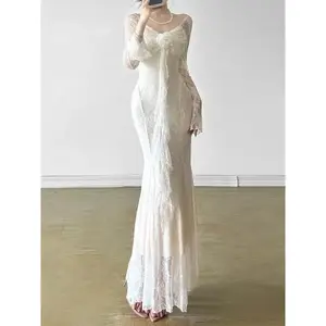 Women's Plain Floral Lace Ruched Ribbon Sheer Mermaid Dress, Elegant Sweetheart Neck Flounce Sleeve Dress for Party Holiday Wedding Guest, Ladies Clothes for All Seasons