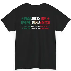 Gildan Raised By Immigrants T-Shirt Heritage Pride Latinx Tee US Mexico Flag Colors Identity Shirt Classic Cotton Menswear Crewneck Loose Fit