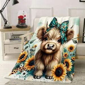 Warm Modern Highland Cow Sunflower Flannel Blanket, Versatile Bedding All Season Comfort Suitable for Room Decoration Sofas Travel Napping Perfect Gift for Family Friends Stylish Home Accessory