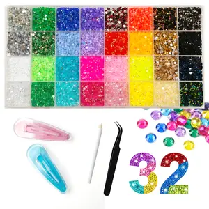 Gem DIY Kit -1 Box 32  colors 35000+pcs Shiny Resin Rhinestones bedazzling kit Set with Tweezers & Pick Up Pen & Clear Hair Clips*2, Perfect for Nail Art, Phone Case Decoration, Cosmetic Decoration & Clothing DIY.rhinestone supplier & nail art supply