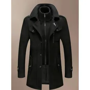 Men's Fashion Double Collar Mixed Fiber Long Coat, Zipper and Pocket Design, Warm and Durable, Suitable for Business or Casual, Autumn/Winter, Collared Jacket