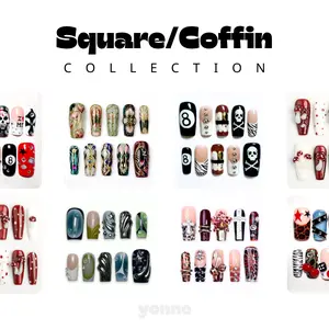 yonne Square Coffin Press-On Nails Collection, Long Glossy Nail Set, 3D Charms, Floral, Chrome, Ombre Design, Handmade Luxury Nails, Trendy Nail Set